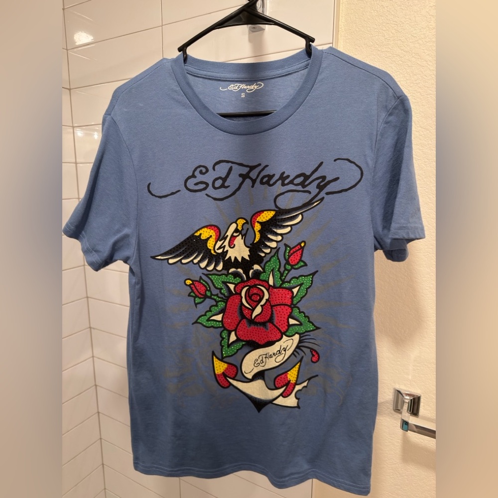 Ed Hardy • Eagle Rose Tattoo Blue Rhinestone T-Shirt • Size S